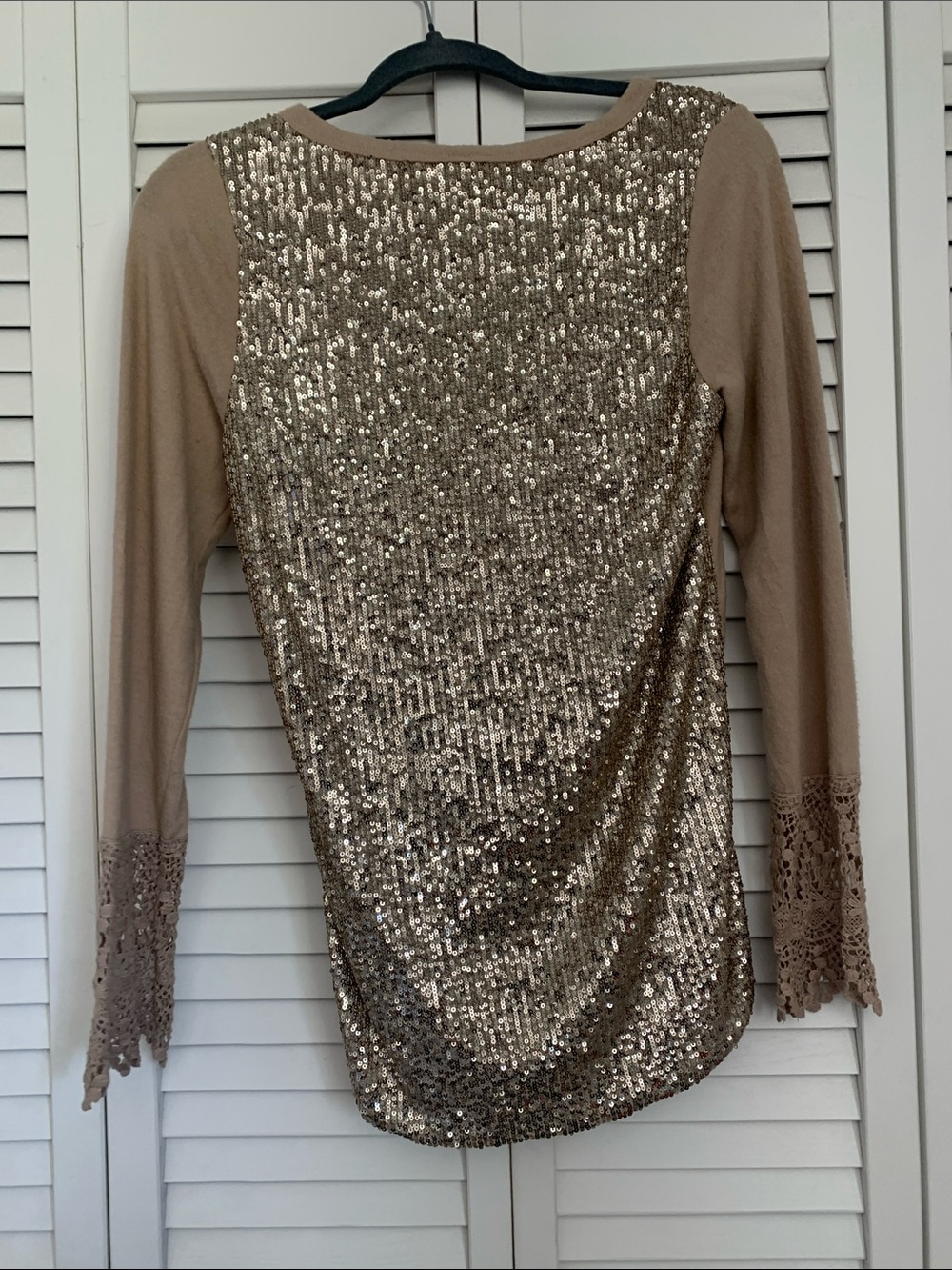 7th Ray Neutral Beige Long Sleeve Top with Sequin & Crochet Trim